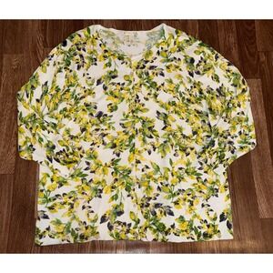 Emaline Woman 3X Cardigan Sweater Yellow Green Floral Leaf Print Button Front